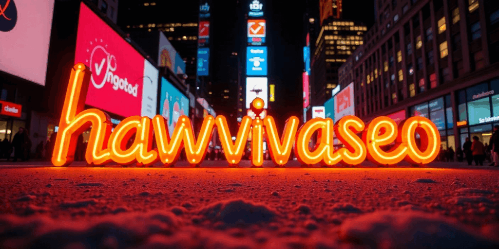 Leuchtreklameschild hawvivaseo vor beleuchteter Skyline